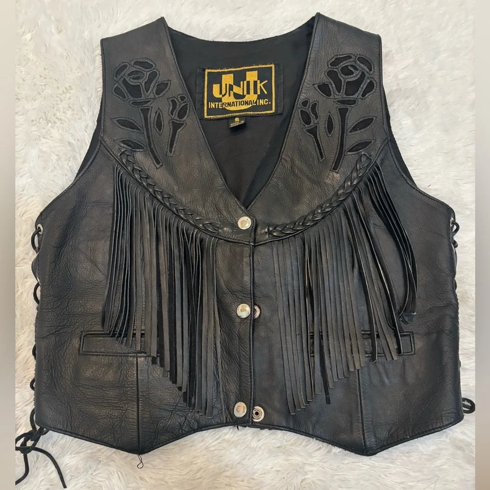 UNIK Black Leather Fringe Roses Biker Vest Size Small Vintage